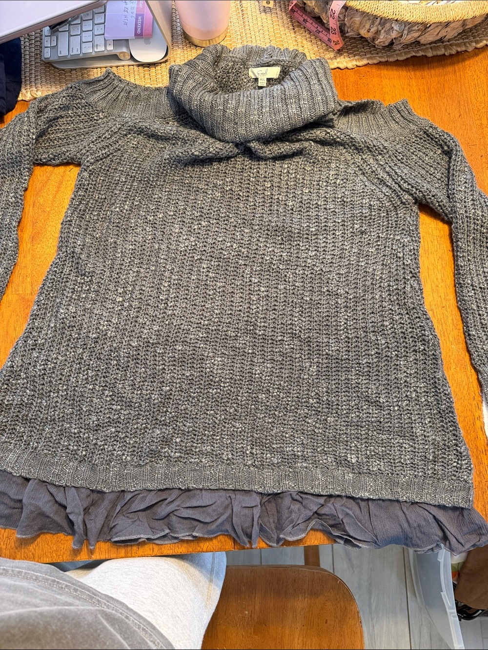 easel Charcoal Gray Cowl Neck Sweater with Ruffle Hem